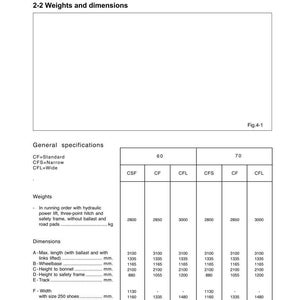 May include: A technical document with tractor specifications. The document includes weights, dimensions, and other technical data. The text is in black on a white background. Measurements are in millimeters and kilograms.