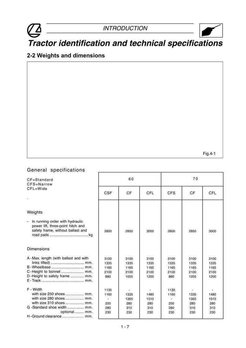 May include: A technical document with tractor specifications. The document includes weights, dimensions, and other technical data. The text is in black on a white background. Measurements are in millimeters and kilograms.
