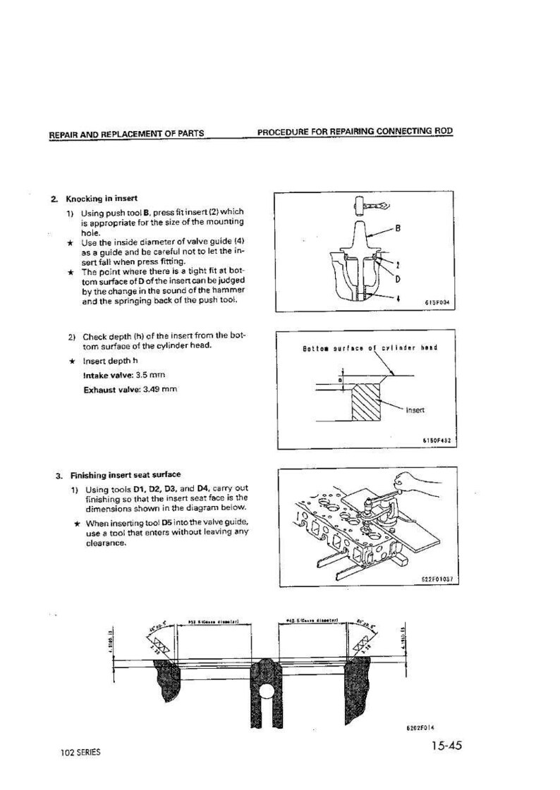 May include: Diagram showing repair procedures for a connecting rod, with instructions for inserting and finishing the insert seat surface. Includes diagrams and measurements in millimetres.