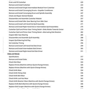 May include: A page from a manual with a list of procedures and specifications for agricultural equipment. The text includes instructions for cutterbar maintenance, disk and knife replacement, and other related tasks. The page number is 5.