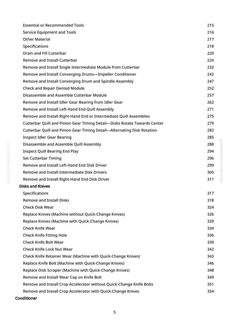 May include: A page from a manual with a list of procedures and specifications for agricultural equipment. The text includes instructions for cutterbar maintenance, disk and knife replacement, and other related tasks. The page number is 5.
