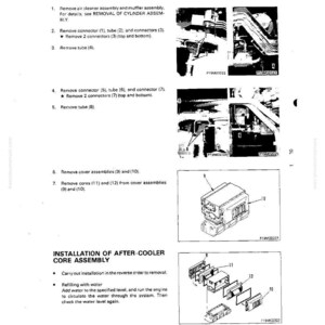 May include: A black and white diagram from a manual detailing the removal and installation of an after-cooler core assembly. The diagram includes numbered steps and illustrations of the components.