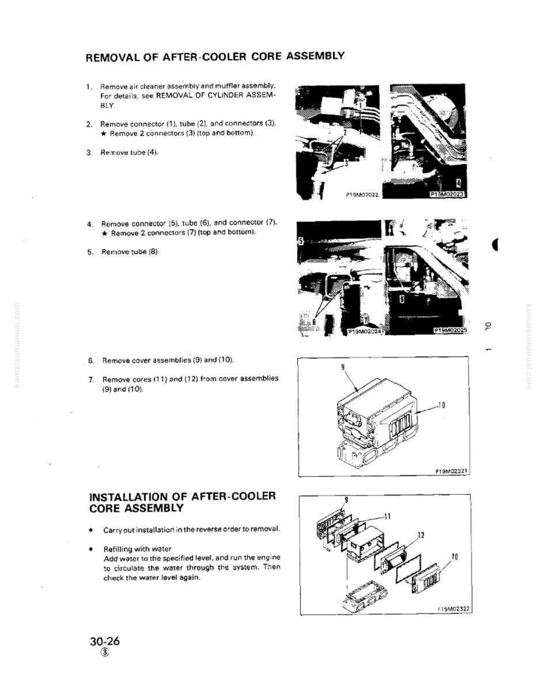 May include: A black and white diagram from a manual detailing the removal and installation of an after-cooler core assembly. The diagram includes numbered steps and illustrations of the components.