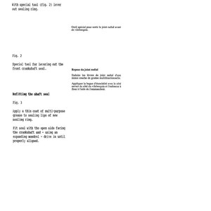 May include: A page of technical instructions with text in English and French. The document details procedures for removing and refitting a crankshaft seal, including diagrams and tool specifications. The text is in a sans-serif font.