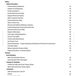 May include: A white page with a black text table of contents. The table lists safety topics such as "Prevent Battery Explosions" and "Avoid High-Pressure Fluids". The page numbers are on the right.