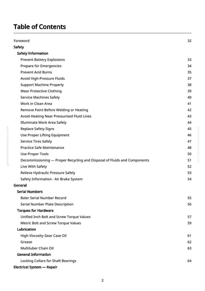 May include: A white page with a black text table of contents. The table lists safety topics such as "Prevent Battery Explosions" and "Avoid High-Pressure Fluids". The page numbers are on the right.