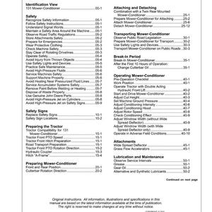 May include: A black and white document titled "Contents" lists safety, operation, and maintenance topics for a mower-conditioner. Sections include safety signs, tractor preparation, and attachments. The document is a manual with detailed instructions.