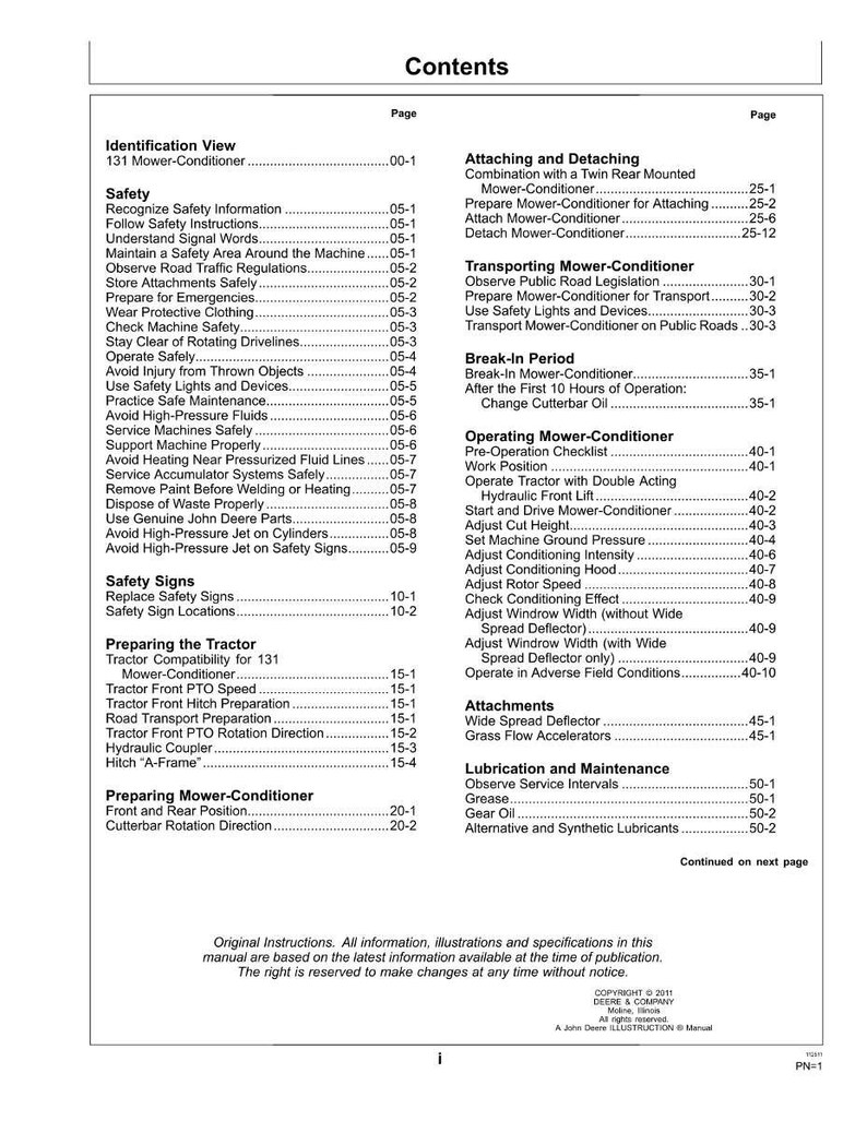 May include: A black and white document titled "Contents" lists safety, operation, and maintenance topics for a mower-conditioner. Sections include safety signs, tractor preparation, and attachments. The document is a manual with detailed instructions.
