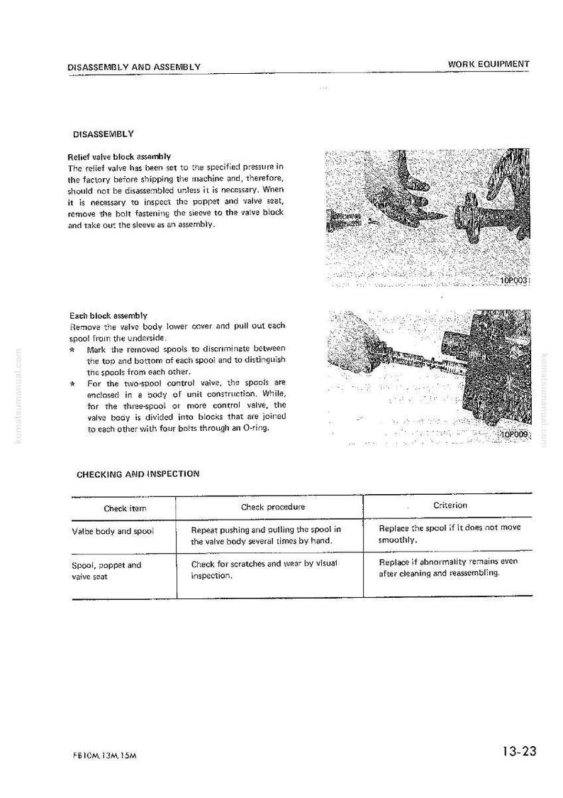 May include: A page from a manual detailing the disassembly and assembly of work equipment. The text describes procedures for relief valve block assembly and checking valve body and spool. Includes diagrams and inspection criteria.