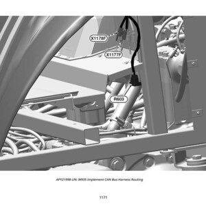 May include: A diagram showing a black cable and connectors within a mechanical assembly. The image features labels including X1178F, X1177F, and R603. The text at the bottom reads: APY21998-UN: W935 Implement CAN Bus Harness Routing.