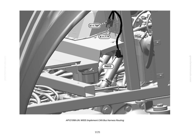 May include: A diagram showing a black cable and connectors within a mechanical assembly. The image features labels including X1178F, X1177F, and R603. The text at the bottom reads: APY21998-UN: W935 Implement CAN Bus Harness Routing.