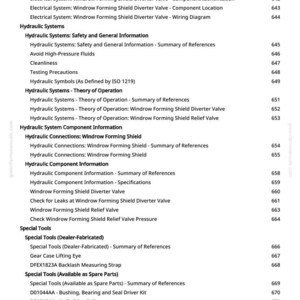 May include: A page from a manual with a table of contents. The document lists topics related to electrical and hydraulic systems, including diverter valves, wiring diagrams, and safety information. Also listed are special tools.