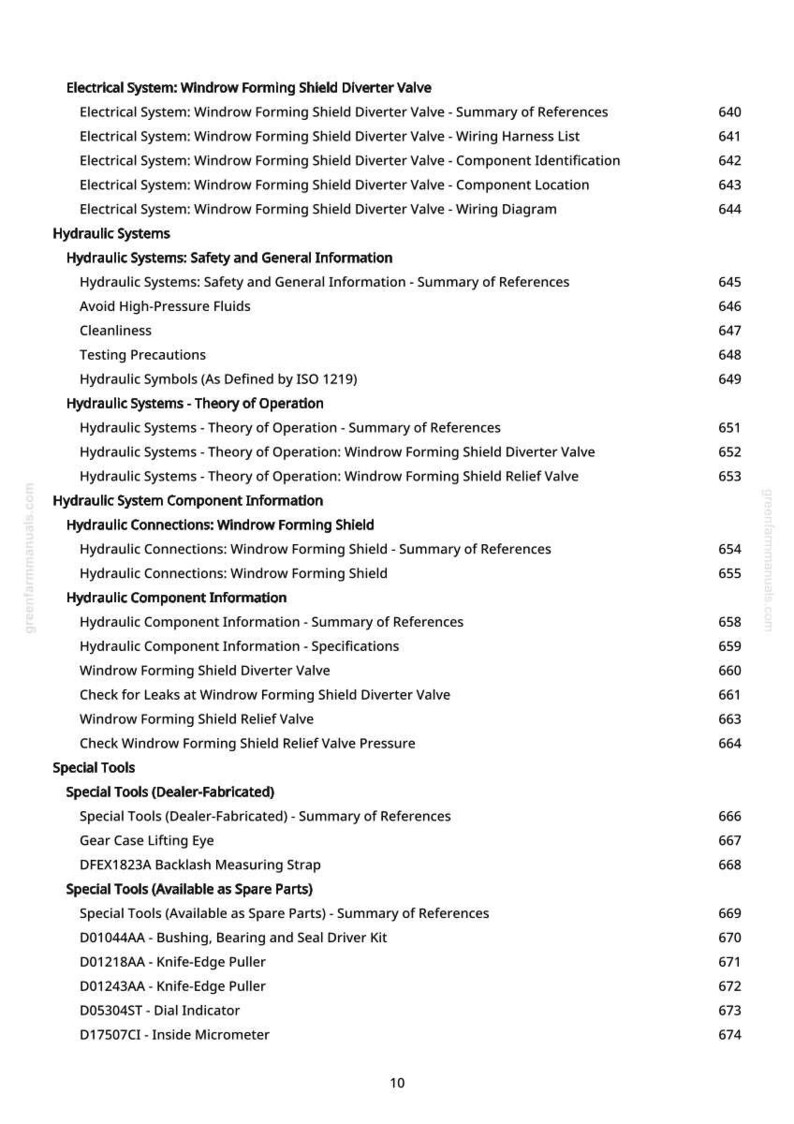 May include: A page from a manual with a table of contents. The document lists topics related to electrical and hydraulic systems, including diverter valves, wiring diagrams, and safety information. Also listed are special tools.