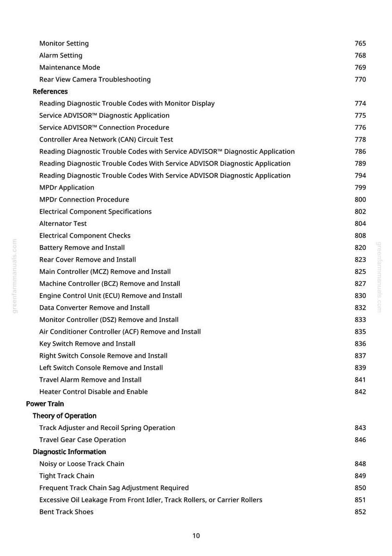 Pode incluir: Uma p&aacute;gina branca com um &iacute;ndice detalhado, incluindo se&ccedil;&otilde;es sobre configura&ccedil;&otilde;es do monitor, c&oacute;digos de diagn&oacute;stico e componentes da transmiss&atilde;o. O texto &eacute; preto e organizado em formato de lista com n&uacute;meros de p&aacute;gina.