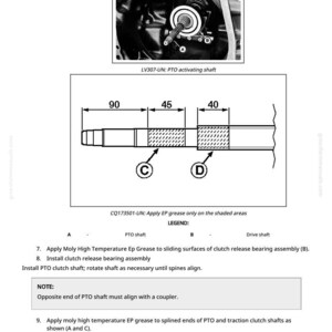 May include: Diagram of a PTO shaft with dimensions in millimetres, labelled with letters and numbers. The diagram includes a cross-section view and a detailed view of the PTO activating shaft. Instructions are included.