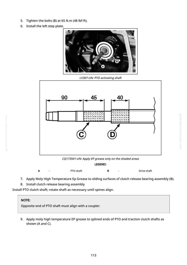 May include: Diagram of a PTO shaft with dimensions in millimetres, labelled with letters and numbers. The diagram includes a cross-section view and a detailed view of the PTO activating shaft. Instructions are included.