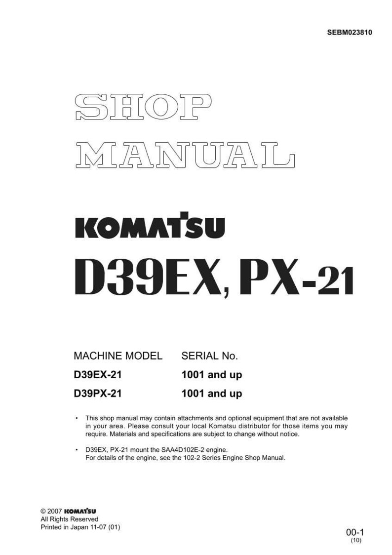 May include: A white shop manual with the text "SHOP MANUAL" in a hollow font. Below is the brand name "KOMATSU" in black, followed by "D39EX, PX-21". The document includes machine model and serial number information.