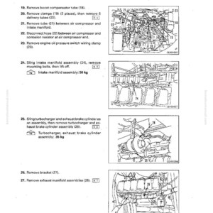 May include: A page from a manual detailing the disassembly and assembly of a cylinder head. The text includes instructions for removing various components, such as tubes, clamps, and the intake manifold assembly, which weighs 110 pounds.
