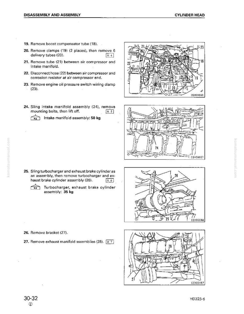 May include: A page from a manual detailing the disassembly and assembly of a cylinder head. The text includes instructions for removing various components, such as tubes, clamps, and the intake manifold assembly, which weighs 110 pounds.