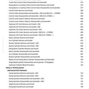 Puede incluir: Una p&aacute;gina de manual con procedimientos para sistemas hidr&aacute;ulicos y mec&aacute;nicos. El texto incluye t&eacute;rminos como "Swing Boom", "Aceite hidr&aacute;ulico" y "Cilindro", con n&uacute;meros de p&aacute;gina correspondientes.