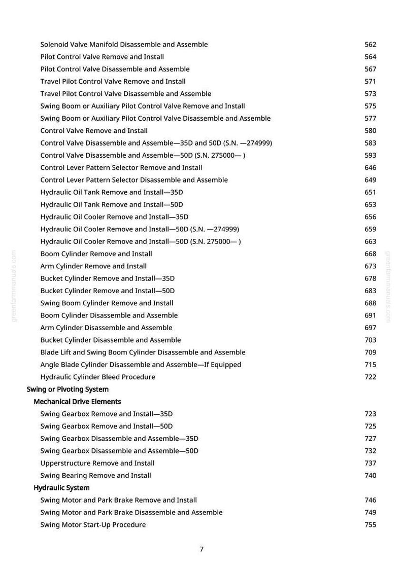 Puede incluir: Una p&aacute;gina de manual con procedimientos para sistemas hidr&aacute;ulicos y mec&aacute;nicos. El texto incluye t&eacute;rminos como "Swing Boom", "Aceite hidr&aacute;ulico" y "Cilindro", con n&uacute;meros de p&aacute;gina correspondientes.