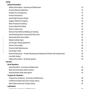 May include: A white page with a black table of contents for a manual. The title is "Table of Contents". The topics include safety information, serial numbers, torques for hardware, and lubrication.