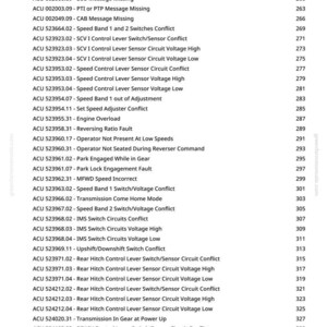 May include: A page from greenfarmmanuals.com listing various ACU error codes and descriptions, such as "Sensor Supply 2 Voltage Fault" and "Engine Overload." The codes are accompanied by corresponding page numbers.