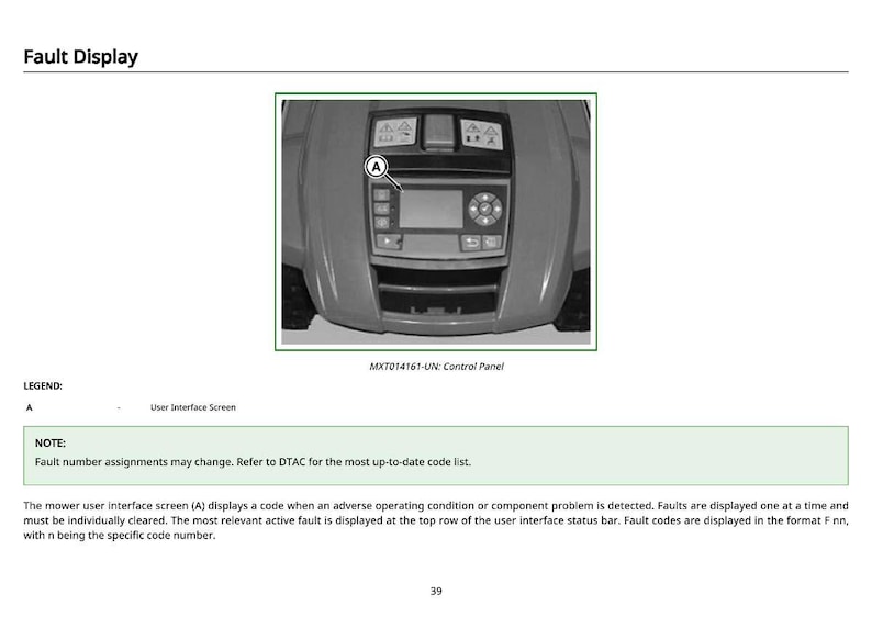 K&ouml;nnte beinhalten: Graustufenbild eines Bedienfelds mit der Bezeichnung "Fault Display". Das Panel hat einen Bildschirm, Kn&ouml;pfe und Kontrollleuchten. Der Text "MXT014161-UN: Control Panel" ist sichtbar. Zus&auml;tzlicher Text erkl&auml;rt Fehlercodes und den Bildschirm der Benutzeroberfl&auml;che.