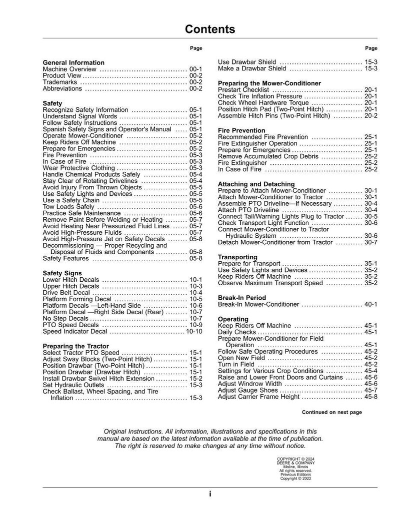 May include: A detailed table of contents from an original instruction manual. The document lists safety information, operating procedures, and maintenance guidelines for agricultural machinery. The text is black on a white background.