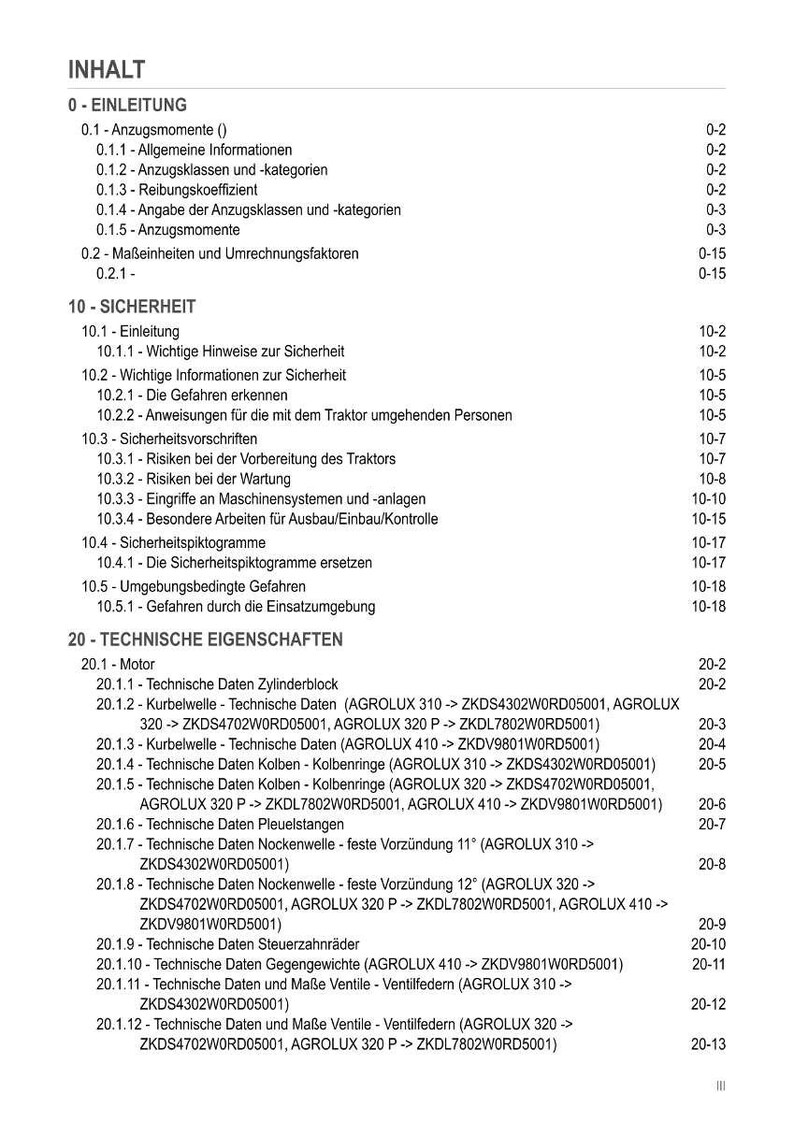 Puede incluir: Un detallado &iacute;ndice en alem&aacute;n, con secciones sobre seguridad, especificaciones t&eacute;cnicas y componentes del motor. El documento incluye subsecciones sobre instrucciones de seguridad y datos del motor.