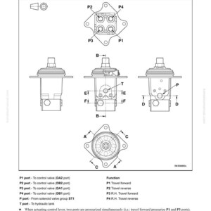 May include: Diagram of an L.H. PPC Valve (Standard) for travel control, with multiple views and labels. Includes a top-down view of the valve ports (P1-P4) and side views with labeled components (B, T, P, E, F, D). Text details function and port assignments.
