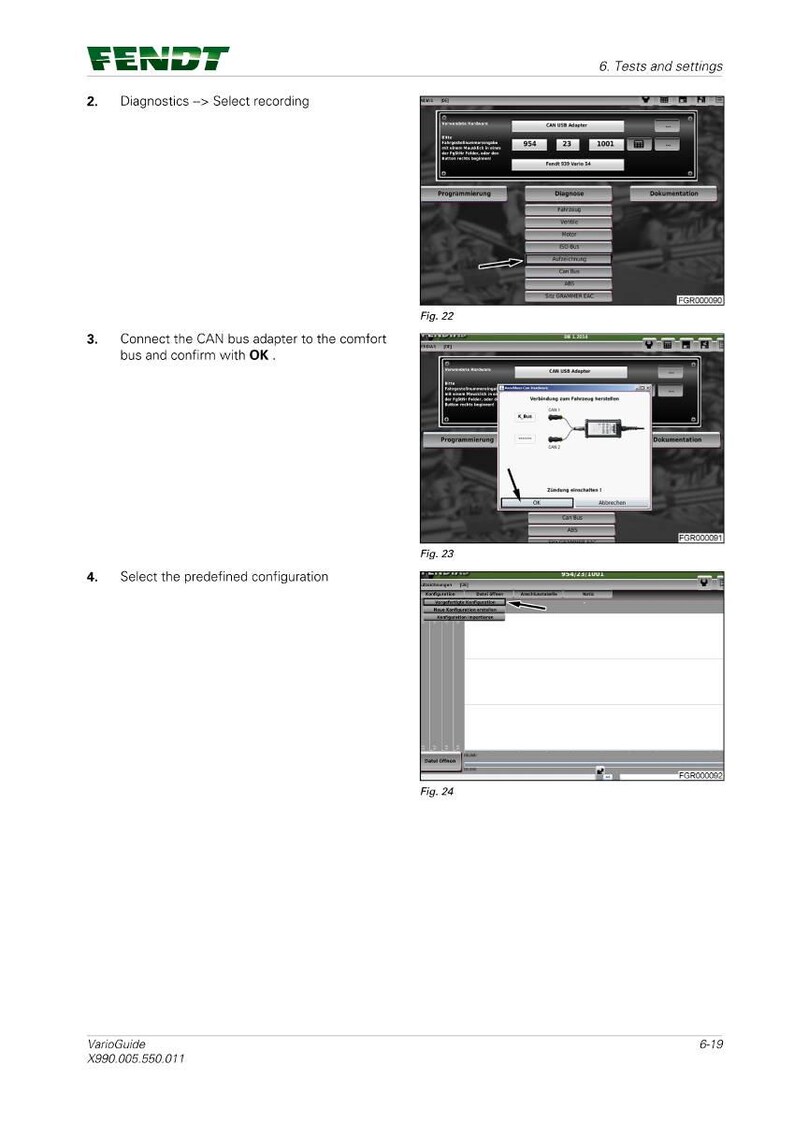 May include: A page from a manual with the Fendt logo, titled "6. Tests and settings." It shows screenshots with instructions for diagnostics, connecting a CAN bus adapter, and selecting a configuration. The text includes "OK."