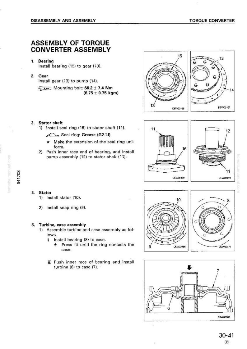 May include: Diagram detailing the assembly of a torque converter, featuring components such as bearings, gears, and stators. Includes measurements in Nm and kgm. The diagram provides step-by-step instructions.