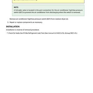 May include: A manual page detailing air conditioning repair procedures, including safety warnings about liquid refrigerant. The text is in black on a white background, with sections on installation and component replacement. Measurements are not applicable.