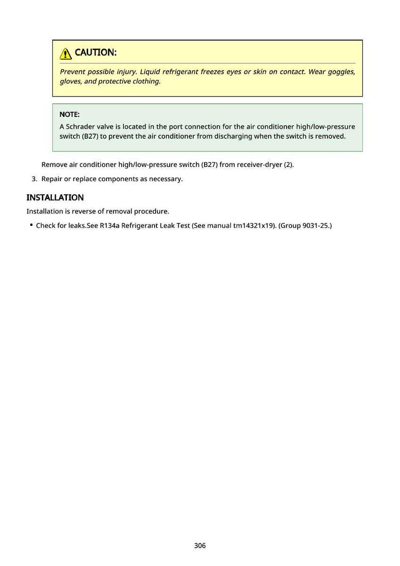 May include: A manual page detailing air conditioning repair procedures, including safety warnings about liquid refrigerant. The text is in black on a white background, with sections on installation and component replacement. Measurements are not applicable.