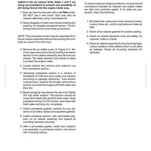 May include: A page from a manual detailing procedures for cleaning precleaner tubes and troubleshooting air intake issues. Instructions include removing parts, cleaning with solutions, and checking for leaks. The document is titled "Air Cleaners."