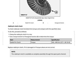 May include: Diagram of a radial-pin clutch assembly with a hexagonal section, labeled A and B. The text provides instructions for checking the torque, with a specification of 430-490 N&middot;m (317-361 lb-ft).