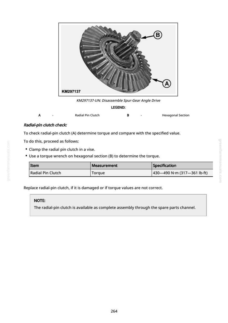 May include: Diagram of a radial-pin clutch assembly with a hexagonal section, labeled A and B. The text provides instructions for checking the torque, with a specification of 430-490 N&middot;m (317-361 lb-ft).