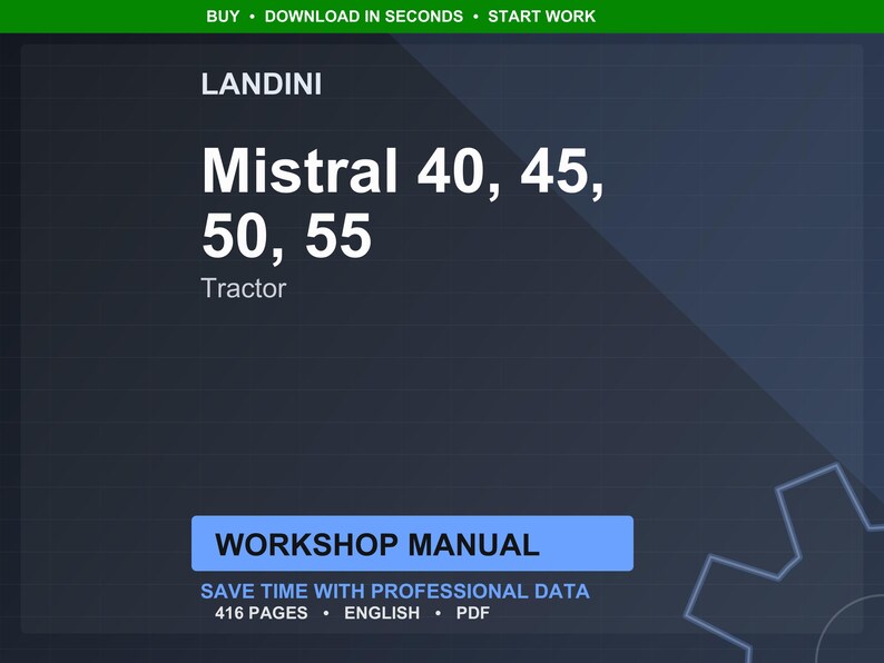 Pu&ograve; includere: Grafica blu scuro con il logo Landini e il testo "Mistral 40, 45, 50, 55 Tractor". Sotto, un rettangolo blu con le parole "WORKSHOP MANUAL". &Egrave; visibile anche il testo "SAVE TIME WITH PROFESSIONAL DATA".