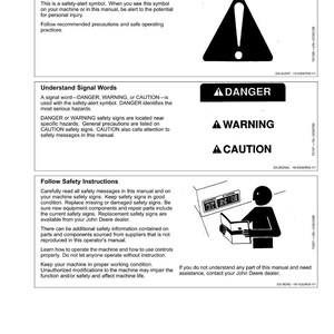 May include: A page from a manual with safety information. It includes a black triangle with an exclamation point, and the words "DANGER", "WARNING", and "CAUTION". There is also a diagram of a person reading a manual.