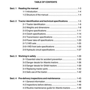 May include: A page from a tractor manual with the title "Introduction" and "Table of Contents." The sections cover topics like reading the manual, tractor specifications, safety, and maintenance. The page is white with black text.