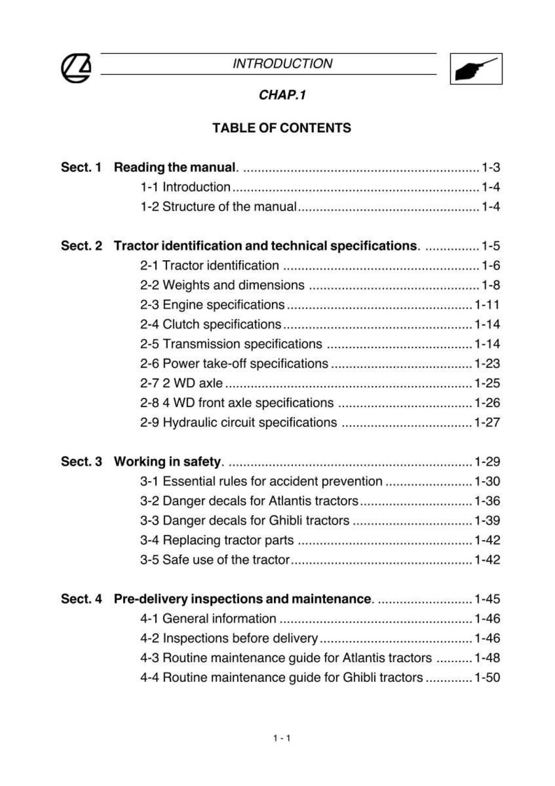May include: A page from a tractor manual with the title "Introduction" and "Table of Contents." The sections cover topics like reading the manual, tractor specifications, safety, and maintenance. The page is white with black text.