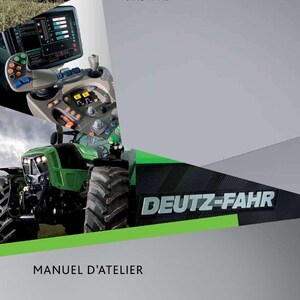 May include: Image of a green and black Deutz-Fahr tractor with the text "6145W HD" and "MANUEL D'ATELIER". The tractor has large tires and a detailed control panel. The Deutz-Fahr logo is visible.