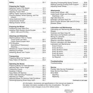 May include: A detailed table of contents from a manual, with a white background and black text. The document lists various topics, including safety, tractor preparation, mower operation, and maintenance procedures. The page numbers are listed on the right.
