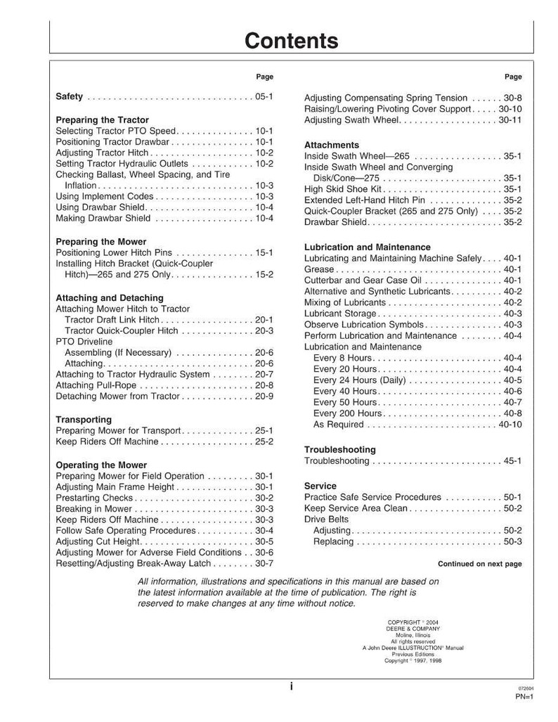 May include: A detailed table of contents from a manual, with a white background and black text. The document lists various topics, including safety, tractor preparation, mower operation, and maintenance procedures. The page numbers are listed on the right.
