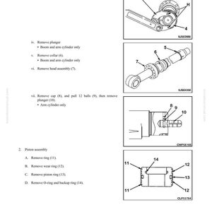 May include: Diagram of hydraulic system disassembly and assembly instructions. Includes illustrations of piston assembly, plunger removal, and other components with labels and part numbers. Text includes instructions for using tools and removing parts.