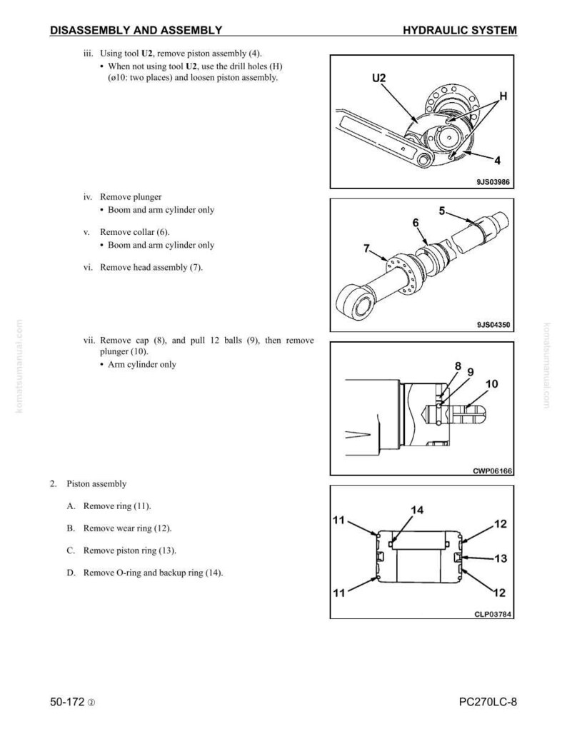 May include: Diagram of hydraulic system disassembly and assembly instructions. Includes illustrations of piston assembly, plunger removal, and other components with labels and part numbers. Text includes instructions for using tools and removing parts.