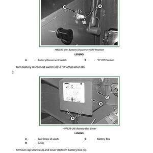 May include: Diagram illustrating battery removal and installation, Style A. Includes close-up images of a battery disconnect switch and battery box cover. Text labels identify components and steps for the process. The text reads "Remove and Install Batteries - Style A."