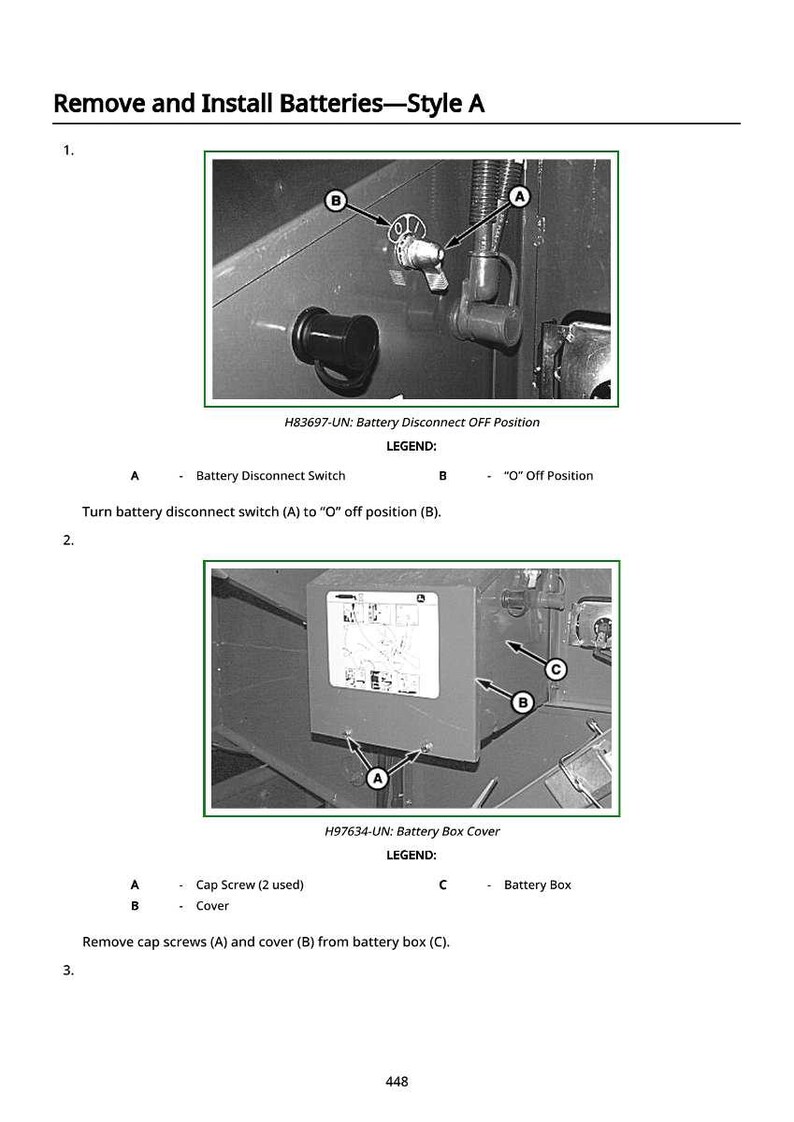 May include: Diagram illustrating battery removal and installation, Style A. Includes close-up images of a battery disconnect switch and battery box cover. Text labels identify components and steps for the process. The text reads "Remove and Install Batteries - Style A."