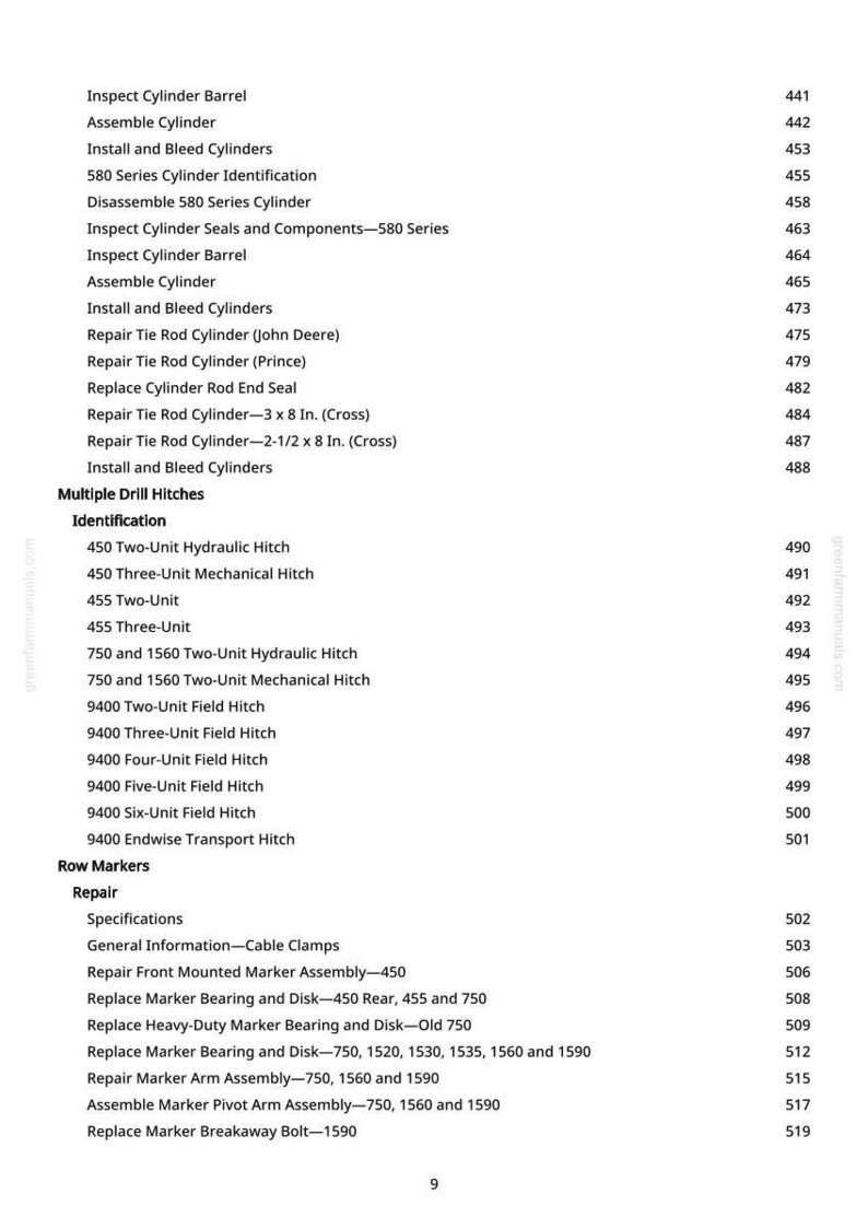 K&ouml;nnte beinhalten: Eine Seite aus einem Handbuch mit einem detaillierten Inhaltsverzeichnis. Zu den Titeln geh&ouml;ren "Zylinderlaufbuchse pr&uuml;fen", "Mehrfach-Bohrhaken" und "Reihenmarkierer". Die Seitenzahl ist 9.